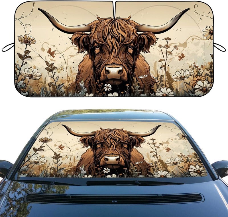 Qoueucc Highland Cow Car Front Window Sun Shield Flowers Funny Animal Heatshield Front Window Car Sun ​Shade Windshield Rays Sun Shade Visor Protector for Car Sedan Truck SUV Accessories 59" L x 31.5" W - Image 1